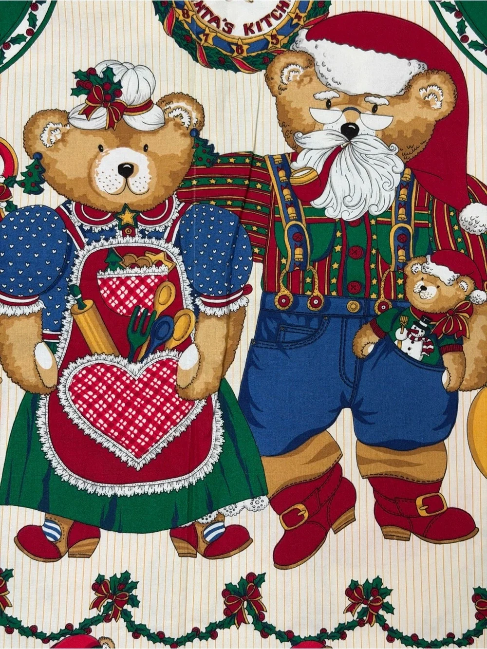 Santas' in the Kitchen Holiday Cotton Panel - Red & Green Bears